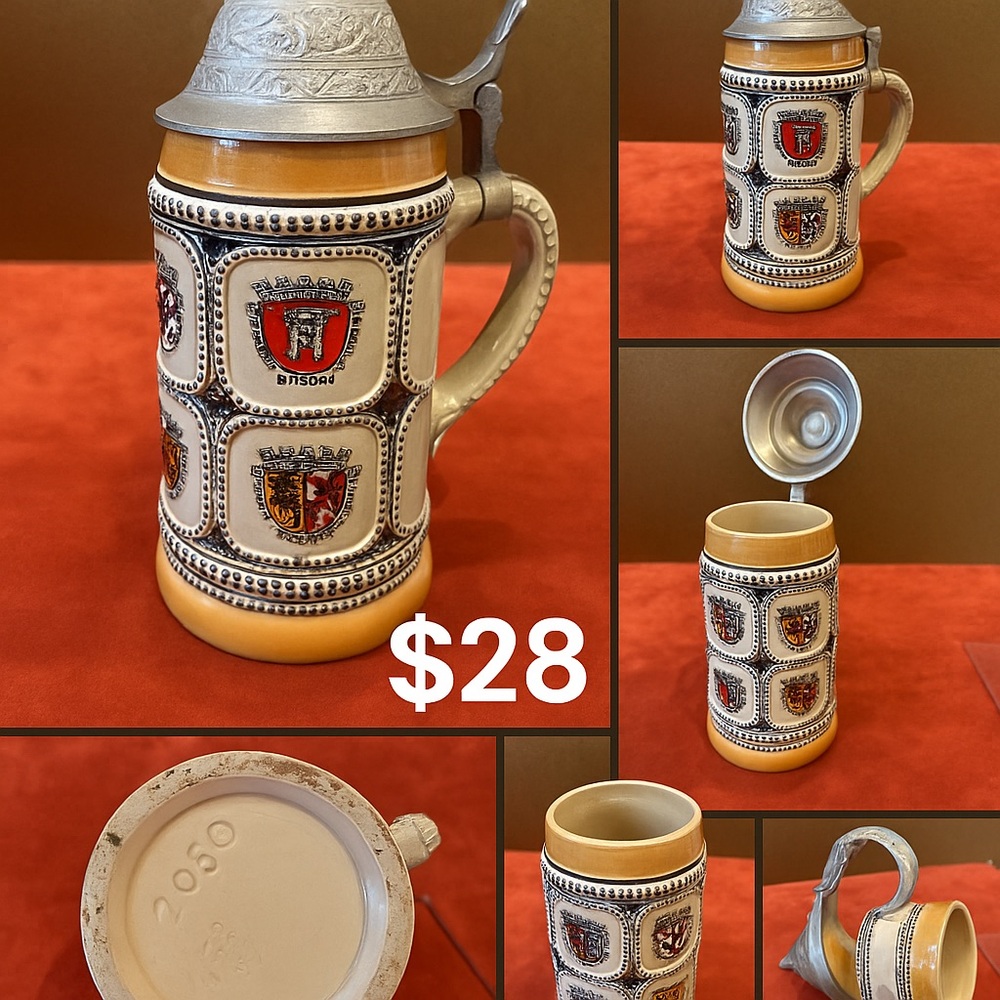 Vintage German Beer Stein – Original KING 2050 with Pewter Lid & Heraldic Crests